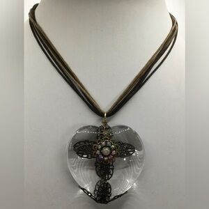 NEUTRAL CORD HEART PENDANT WITH FILAGREE RHINESTONE CROSS PENDANT BOHO NECKLACE
